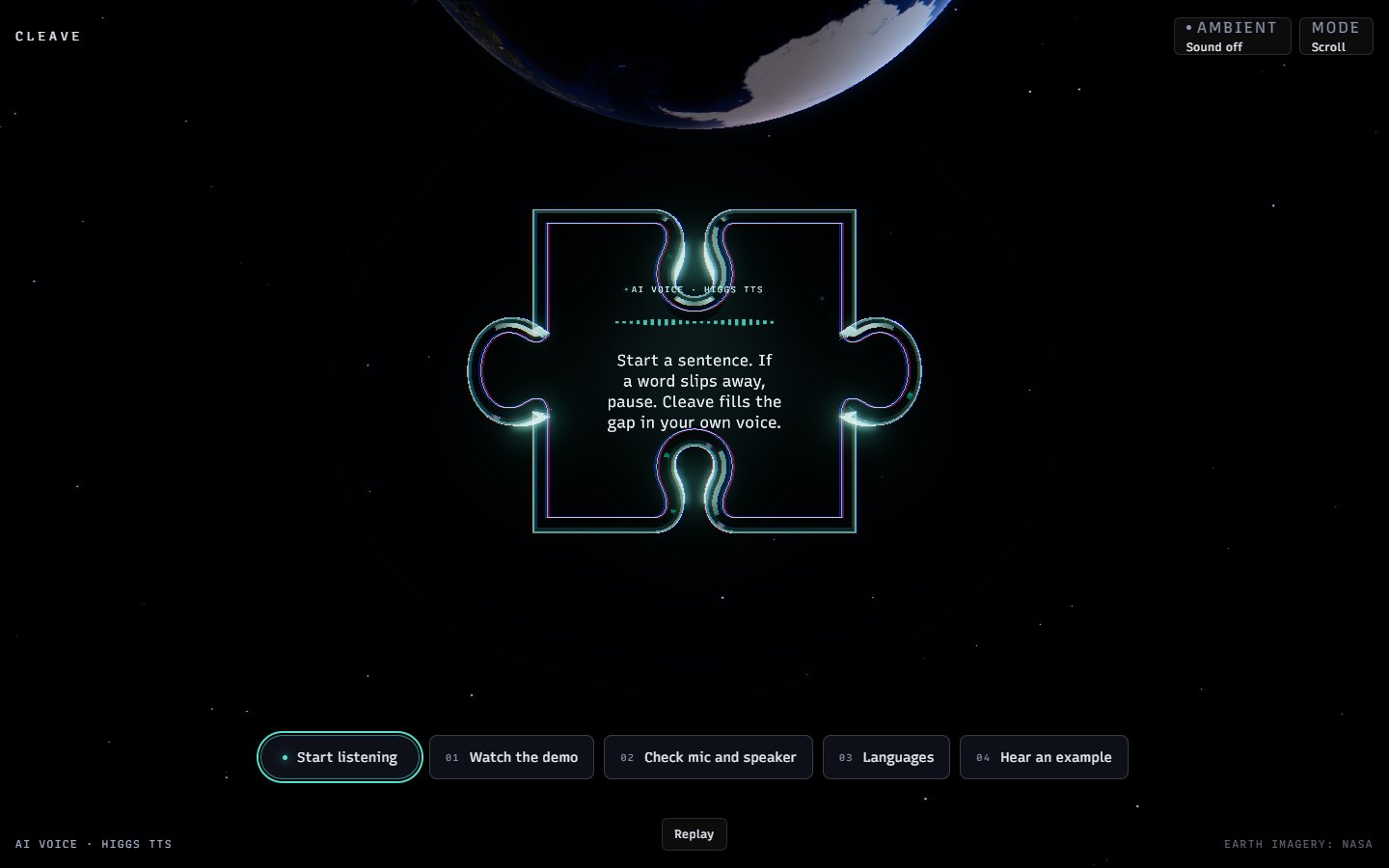 Cleave's interactive opening: a glowing puzzle piece in front of the Earth, with the assistant's controls below